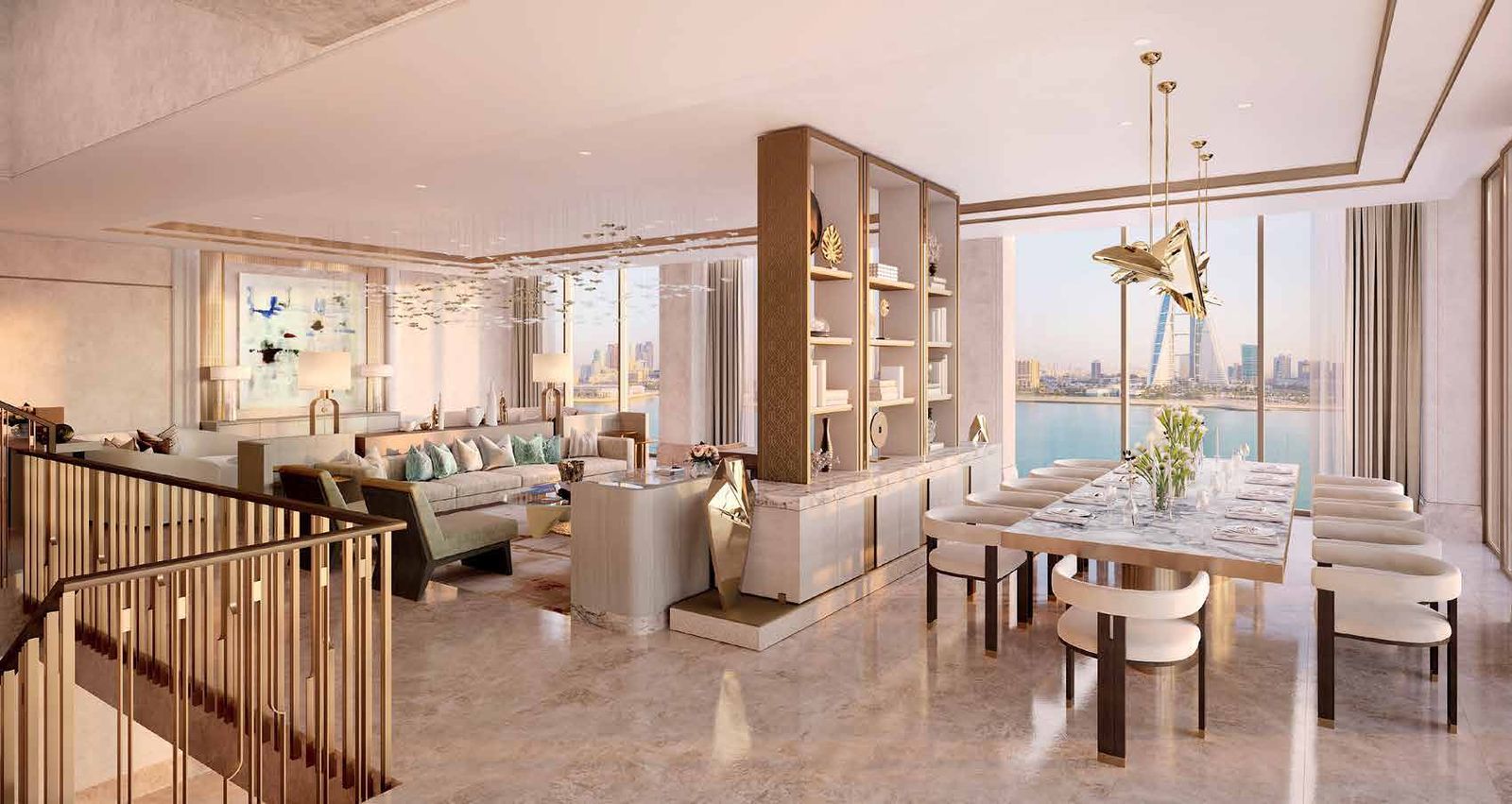 Penthouse living and dining room over Bahrain Bay