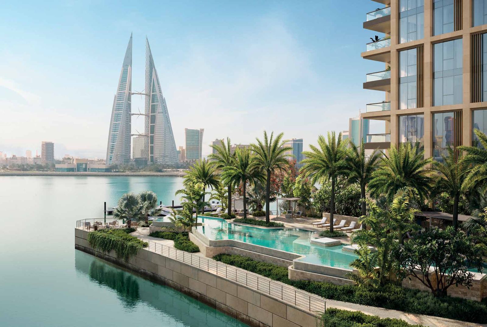 Residents' pool with the Bahrain World Trade Center on the skyline